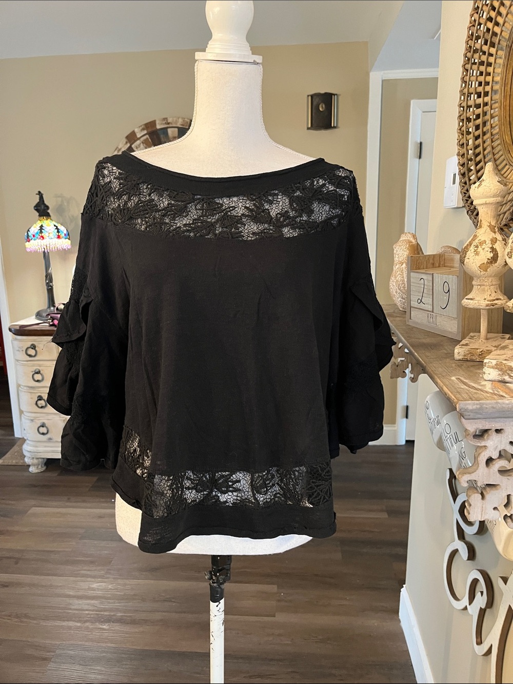 Free People Black Lace-Trim Boho Peasant Blouse